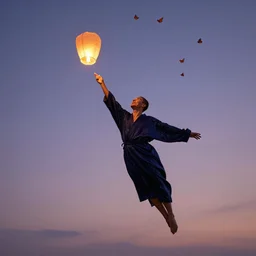 an ecstatic man in a navy blue starry robe flying upward through the twilight sky, with lanterns, streamers, and monarch butterflies floating around him