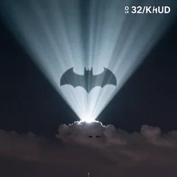 bat signal projected on a cloud at night, digital art, octane render, 4k, 8k, 32k uhd