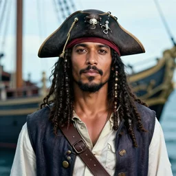 an award winning in a ship portrait no - hat photo of a black pirate hispanic stout short old man pirate with mustache and stern face, short parted hair, movie color graded