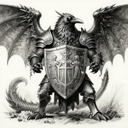 a crow knight with dragonscales, attack profile angle, centered on family crest shield, coat of arms, pencil and ink, very detailed, artstation, mysterious, mythical, greek mythology, norse mythology, full frame, dramatic shading, jonathan pointer, janie penny,