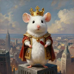 a fantasy portrait painting of an anthropomorphic white persian!!!! mouse dressed, as a renaissance king with crown! in head, standing on a skyscraper overlooking a vast city, centered, cinematic, beautiful lighting, dramatic