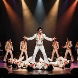 serval elvis impersonators on stage collapsing, photorealistic