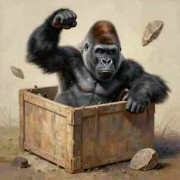 an alchemic style painting of a gorilla breaking out of a shipping crate