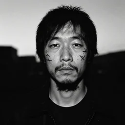 grizzled tragic chinese man, age 3 5, with gutterpunk poke and stick face tattoos at dusk, black & white, richard avedon, 5 0 mm, grainy, low light