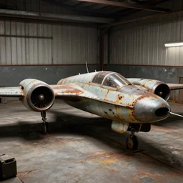 N-1 starfighter in the style of Cowboy Bebop, old and rusted sitting in a hangar