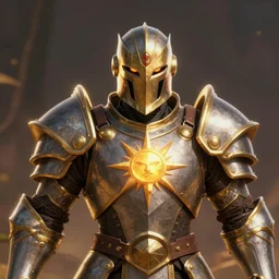 animated armor with a helmet face and a sun emblem on his chest, far - mid shot photo, style of magic the gathering, dungeons and dragons, fantasy, intimidating