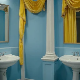 movie still of a blue neoclassical bathroom with yellow drapery with columns next to a lake, cinestill 8 0 0 t 3 5 mm, heavy grain, high quality, high detail