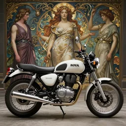 a motorbike designed by apple and royal enfield, midsommar, artstation, an epic fantasy, cinematic lighting, hyper realistic, photographic, sharp focus, by greg rutkowski and alphonse mucha