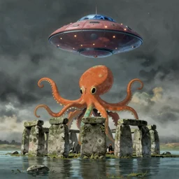 a realistic cell - shaded studio ghibli concept art from paprika ( 2 0 0 6 ) with very dull muted colors. an orange green and blue octopus ufo from close encounters of the third kind ( 1 9 7 7 ) hovers in the sky over a flooded monument valley stonehenge on a misty starry night, hd, 4 k, hq