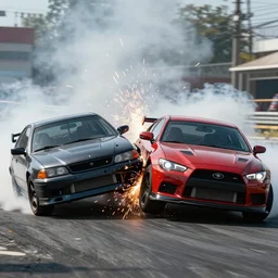 front view tilted angle of Two cars clashing against each other side by side with sparks in the style of burnout 3 Takedown