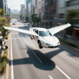 car with wings flying in Tokyo streets, long shadows, 8k, realism