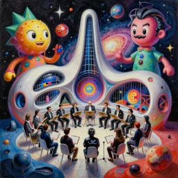 an extremely high quality hd surrealism painting of a 3d galactic neon complimentary-colored cartoon surrealism melting optically illusiony high-contrast zaha hadid futuristic orchestra by kandsky and salvia dali the second, salvador dali's much much much much less talented painter cousin, clear shapes, 8k, realistic shading, ultra realistic, super realistic