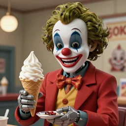 pov medium close up of a animatronic jocker serving a soft serve ice cream cone 🍦, real - hair, photorealistic hyperdetailed 3 d matte painting, hyperrealism, hyperrealistic, cinematic, silent hill, unrealengine octane render,