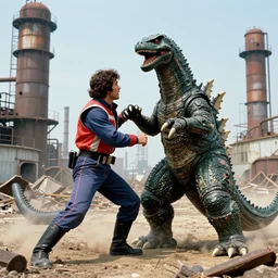 photograph of jet jaguar wrestling a kaiju in an industrial wasteland from the movie jet jaguar returns, vintage, seventies cinema, toho studios, japanese cinema, action scene, cinematic composition, saturated color, 8 k, hd