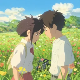 two lawnmowers nuzzling each other in a field of flowers, art by Makoto Shinkai
