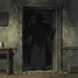 the magician with a black robe inside a abandoned house, shadows, lurker, studio ghibli, anime