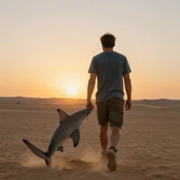 paul walker walks away from camera into a sunset holding hands with a shark in the desert, sunset, dusty, ending