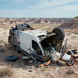a van has crashed and rolled over in the badlands. it's shipment has spilled out. art in the style of vincent di fate's cyberpunk 2 0 2 0.