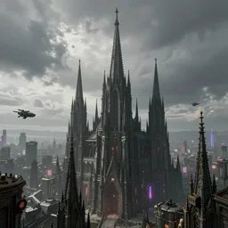 octane render of a gothic city with an overcast sky, tall spires, steampunk, cyberpunk, high - definition, alienating, imposing, imperious, malevolent, moody, landscape, distant, vast, cityscape, skyline, neon, glowing, flying vehicles, long shot, timelapse, 4 0 k, warhammer 4 0 0 0 0, zdzisław beksinski