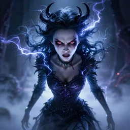 photorealistic full shot of masterpiece angry darkness anime girl, beautifull eyes, electric aura, inspired by tim burton, detailed, unreal engine 4 k, volumetric light, fog