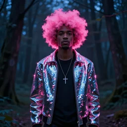 man with pink glowing afro wearing disco jacket, standing in atmospheric spring forest at night, photoshop digital painting, best of artstation 4 k