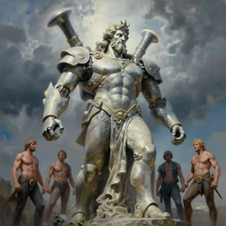a giant statue of zeus, god of thunder, mecha, tim hildebrandt, wayne barlowe, bruce pennington, donato giancola, trending on artstation, cinematic composition, beautiful lighting, hyper detailed, 8 k, oil on canvas