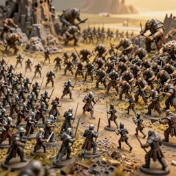photo taken of an epic miniature battlefield diorama, an army of high elves battling a horde of orcs, with highly detailed exquisitely painted 3 d printed characters, wide shot, photorealistic, sharp focus, f 0. 4, golden ratio, golden hour = w 7 6 8