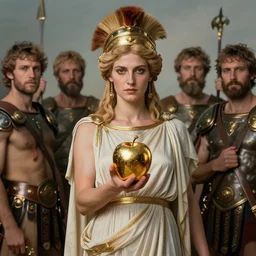 eris, greek goddess of chaos, holding an reflective gold!!! metal apple, goddess of chaos, greek robe, trojan war, discordia, carl spitzweg, ismail inceoglu, vdragan bibin, hans thoma, greg rutkowski, alexandros pyromallis, perfect face, sharply focused, sharply detailed, centered, rule of thirds, realistic