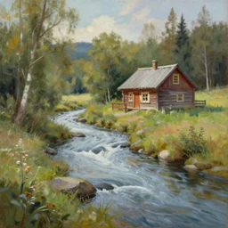 a painting of a river running past a cozy cabin,