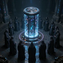 a cylindrical quantum computer surrounded by a dark cabal of hooded elven mystics with long robes gathered in a circular formation, michael whelan art, dan seagrave art, cgsociety, artstation, epic scifi fantasy art