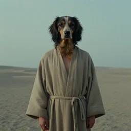 a mana in a robe with the head of a dog, film still from the movie directed by denis villeneuve and david cronenberg with art direction by h. r. giger and salvador dali, wide lens