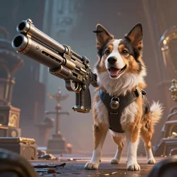 Very cool dog WITH A GIANT GUN  , realistic 4k octane beautifully detailed render, 4k post-processing, highly detailed, intricate complexity, epic composition, magical atmosphere, cinematic lighting, masterpiece, ultra hd
