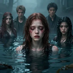 A fancy portrait of an injured girl submerged in water by Greg Rutkowski, Sung Choi, Mitchell Mohrhauser, Maciej Kuciara, Johnson Ting, Maxim Verehin, Peter Konig, Bloodborne, 8k photorealistic, cinematic lighting, HD, high details, dramatic, atmospheric , trending on artstation