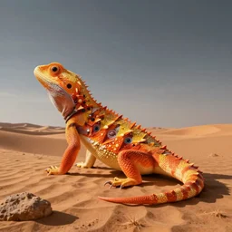 archdaily architectural photography of a fun building that looks like an orange and yellow lizard in the middle of a desert, varanus caspius