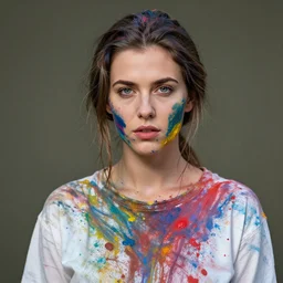 beautiful Scottish woman splattered in coloured paint