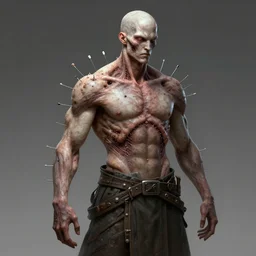 a disfigured warrior with medical needles sticking out all over their body, concept art, trending on artstation, 4k