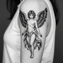 angel behind person, black and white, black art, tattoo, blur, pointillism, anime