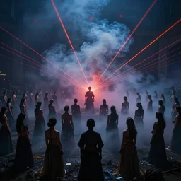 love, giant group diverse bodies, smoke lasers, darkness, from behind, rebirth rituals, wide angle, elaborate, smoke, red dot, orange line, blue mist, highly detailed, beautiful lighting