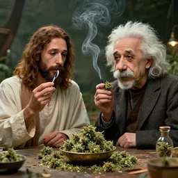 jesus christ and albert einstein smoking weed in the afterlife, wholesome, octane render, hyperdetailed, beautiful, art, by greg rutkowski, trending on artstation