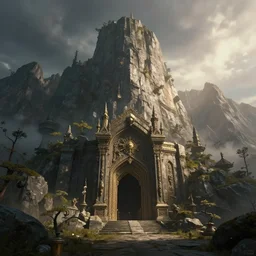 A beautiful hyper realistic detailed matte painting of an entrance to a dungeon of the gods at the base of an ancient mountain, dramatic lighting, dynamic lighting, cinematic lighting, lit by morning light, by Finnian MacManus and Jessica Rossier, unreal engine, featured on artstation, ultrawide angle, f8, polarizer filter