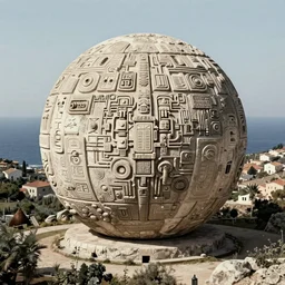 old photograph of a gigantic paleolothic sphere made of stone with highly detailed carvings of intricate shamanic robotic electronics and circuits, in a mediterranean lanscape, inside a valley overlooking the sea, by michal karcz, mediterranean island scenery, mediterranean vista