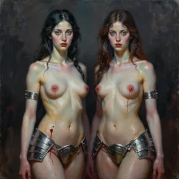 painting of two goddesses clad in scant armor looking eerily at the viewer with blood dripping from their beautiful bodies, by Jeremy Mann, stylized, detailed, realistic, dark tones, deep colors, vivid, loose brush strokes