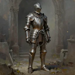 headless mausoleum knight, wearing a chained rusty ancient plated armor, headless, gritty, full body concept, by beksinski, weta workshop concept art, ruan jia, edward hooper, oil painting