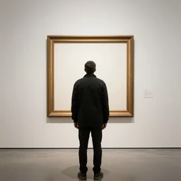 headlessman seen from behind standing in an empty gallery contemplating over a frame hanging at the opposite wall, photo taken with provia 1967