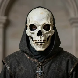 medieval man wearing plague doctor skull mask