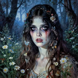 a pretty but sinister and creepy woman in layers of fear decoupage, with haunted eyes, violence in her eyes, 1 9 7 0 s, seventies, delicate embellishments, a little blood, woodland, blue dawn light shining on wildflowers, painterly, offset printing technique, by walter popp, alexandre cabanel