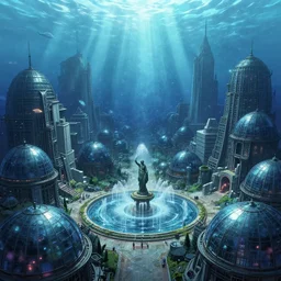 A bustling beautiful city under the ocean made of black steel and glass domes, anime, fountain, statue, under water, rapture, fish, godrays, a fantasy digital painting by Greg Rutkowski and James Gurney, trending on Artstation, highly detailed