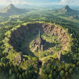 a big deep meteor crater in the middle of a perennial forest with ruins of an old fantasy castle around and a populous medieval rich fantasy city castle built inside the crater, digital fantasy art, bird's-eye view, tall mountains in the horizon, 8k, in the style of Noah Bradley
