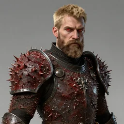 a highly detailed 4 k fantasy matte painting of a man wearing thorn covered armor with short blonde hair mustache beard and blood red eyes portrait, zdzislaw beksinski, artstation, cgsociety, unreal engine