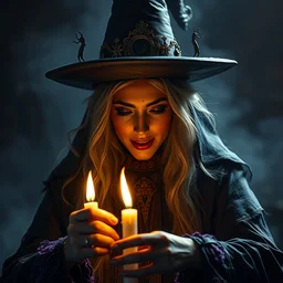 magical witch, candles, 4 k, sharp focus, intricate and ornate, age 2 0, angry